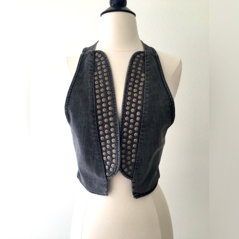 Women’s Vintage Quiksilver Riveted Vest in Stonewashed Black Denim, Sz. S